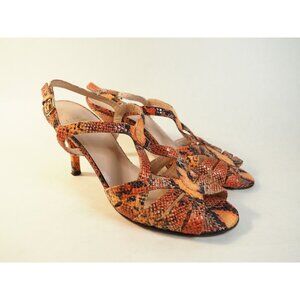 Stuart Weitzman Orange & Black Snakeskin Strappy Leather Peep Toe Heels, Size 8